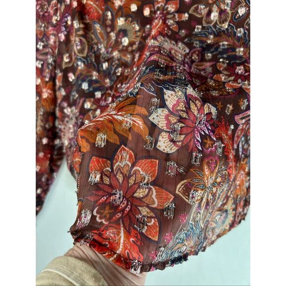 LOFT Metallic Floral Blouse Brown Red Sheer Boho Fall Top Long Sleeve Lined L - Picture 7 of 16